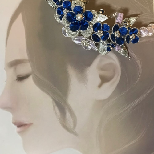 髪飾り 刺繡糸の髪飾り ブルーとラベンダーカラー 「高潔」 ヘッド