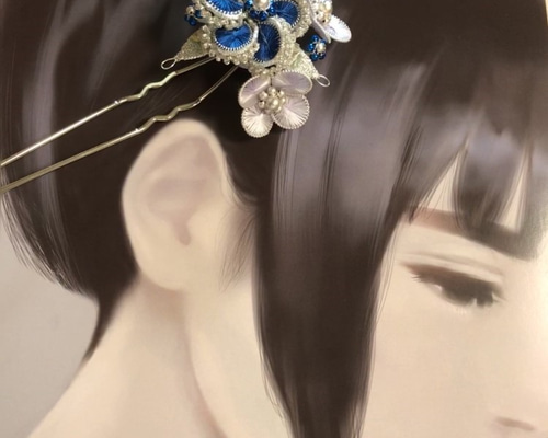 髪飾り 刺繡糸のかんざし ブルーとラベンダーカラー「高潔」 かんざし