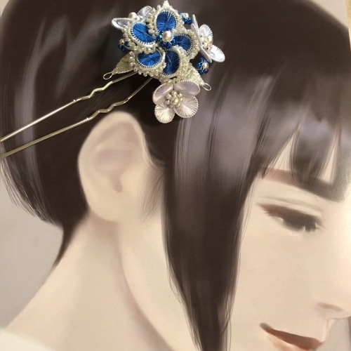 髪飾り 刺繡糸のかんざし ブルーとラベンダーカラー「高潔」 かんざし