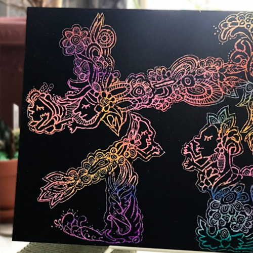 スクラッチアート 完成品 オリジナル 鳥と花 原画 一点物 抽象画 A4