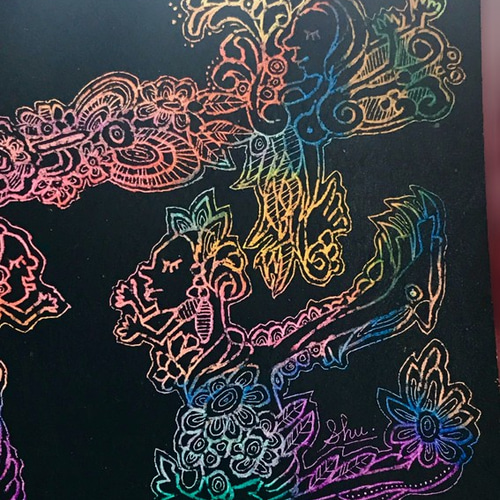 スクラッチアート 完成品 オリジナル 蛇 花 一点物 現品 PJ-5136 心がやすらぐスクラッチアート ねことかがやきの花園