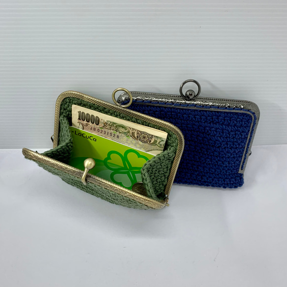 オリジナル　コットン糸のぺたんこガマ口ポーチ　プチお財布 2枚目の画像