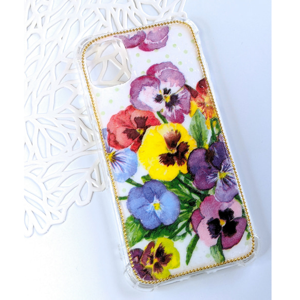 全機種対応】水彩画のような大人の花柄スマートフォンケース（パンジー