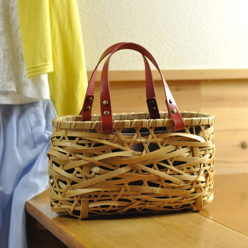 竹かごバッグ やたら編み（size:M）＊取り外し可能 内袋付き かご  