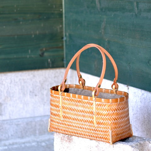 竹かごバッグ 網代編み ミニ 革手 職人手作りの竹バッグ かごバッグ 竹 