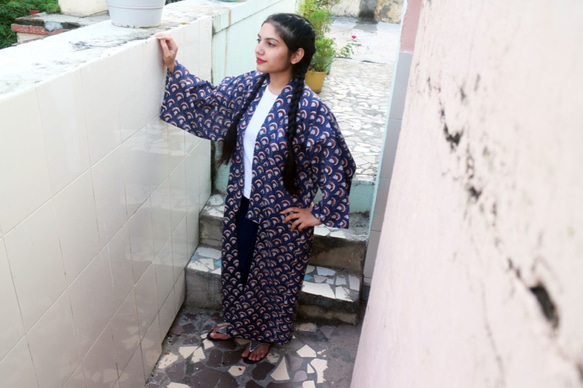 着物ガウン　kimono gown | インド綿・ブロックプリント 2枚目の画像