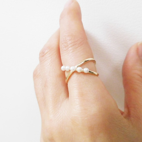 SALE】13号 K10 Gold 淡水パールクロスリング 上質 K10 淡水パール