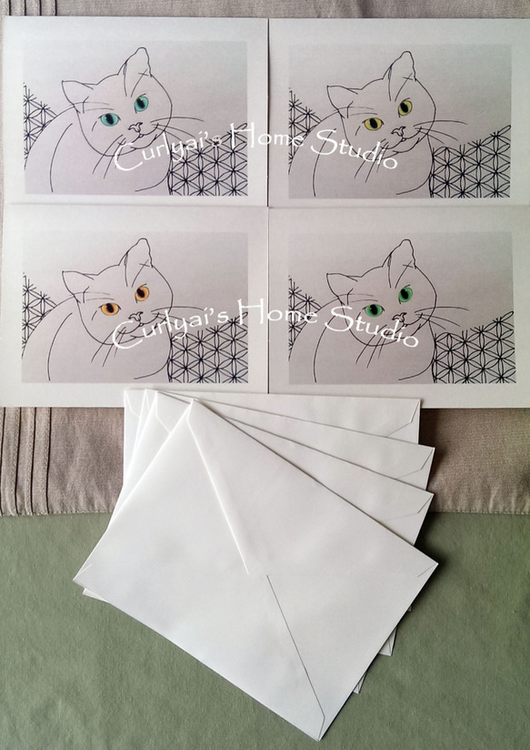 4枚組みグリーティングカード　オリジナル　ペン画　デジタルコピー　猫　 4枚目の画像