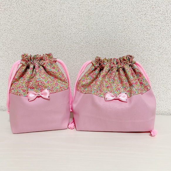 ハンドメイド リボン付き花柄、お弁当袋＆コップ袋 その他入園グッズ 