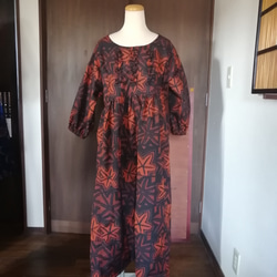 着物リメイクワンピース 紬麻の葉柄 着物リメイク ワンピース 紬 M ～L