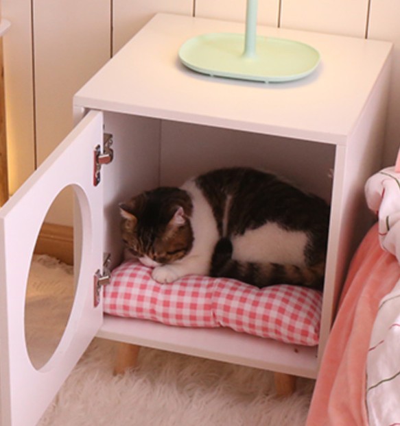 オーダーメイド 猫家具 キャットハウス 猫ベット キャットベット 白家具 モノトーン 家具 天然木 サイズオーダー可 3枚目の画像