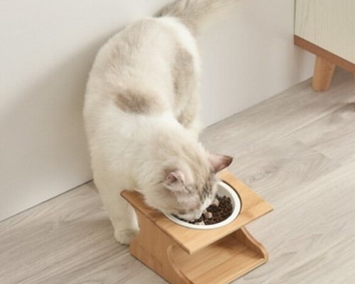 猫の餌台　チーク無垢材