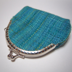 手織り布のミニがま口・丸型(ターコイズグリーン) 1枚目の画像