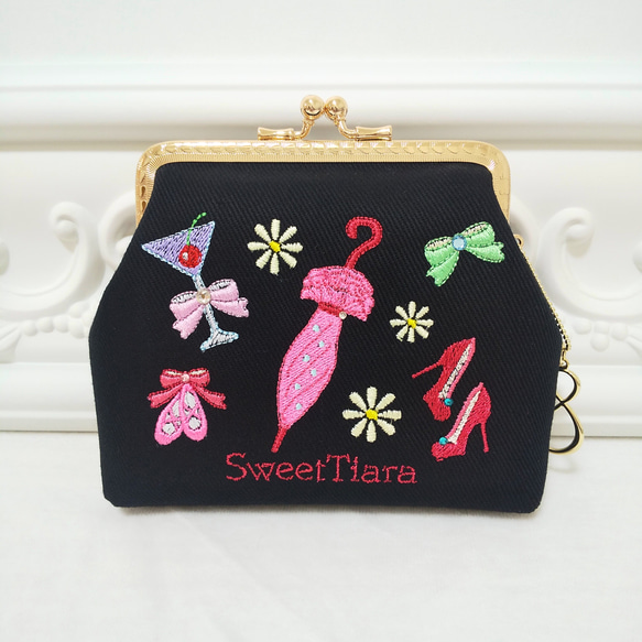 【ハンドメイド】がま口バッグ　 キラキラ蝶々　2点セット　 #413 がま口✽刺繍〜日傘とカクテルとハイヒール〜✽二つ折りのお札も