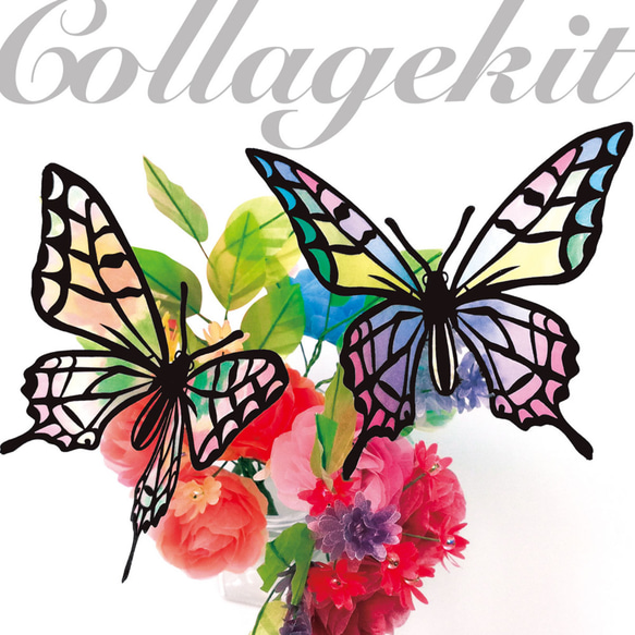 【カラーグラシン切り絵キット】蝶を抜いてグラシン紙を貼るだけ ペーパークラフト コラージュ 3枚目の画像