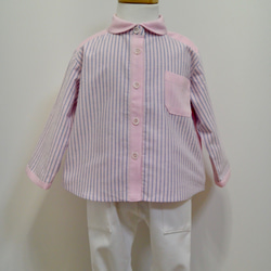 ピンク×ブルーのストライプ・後ろギャザーのシャツ（ベビー 80） 2枚目の画像