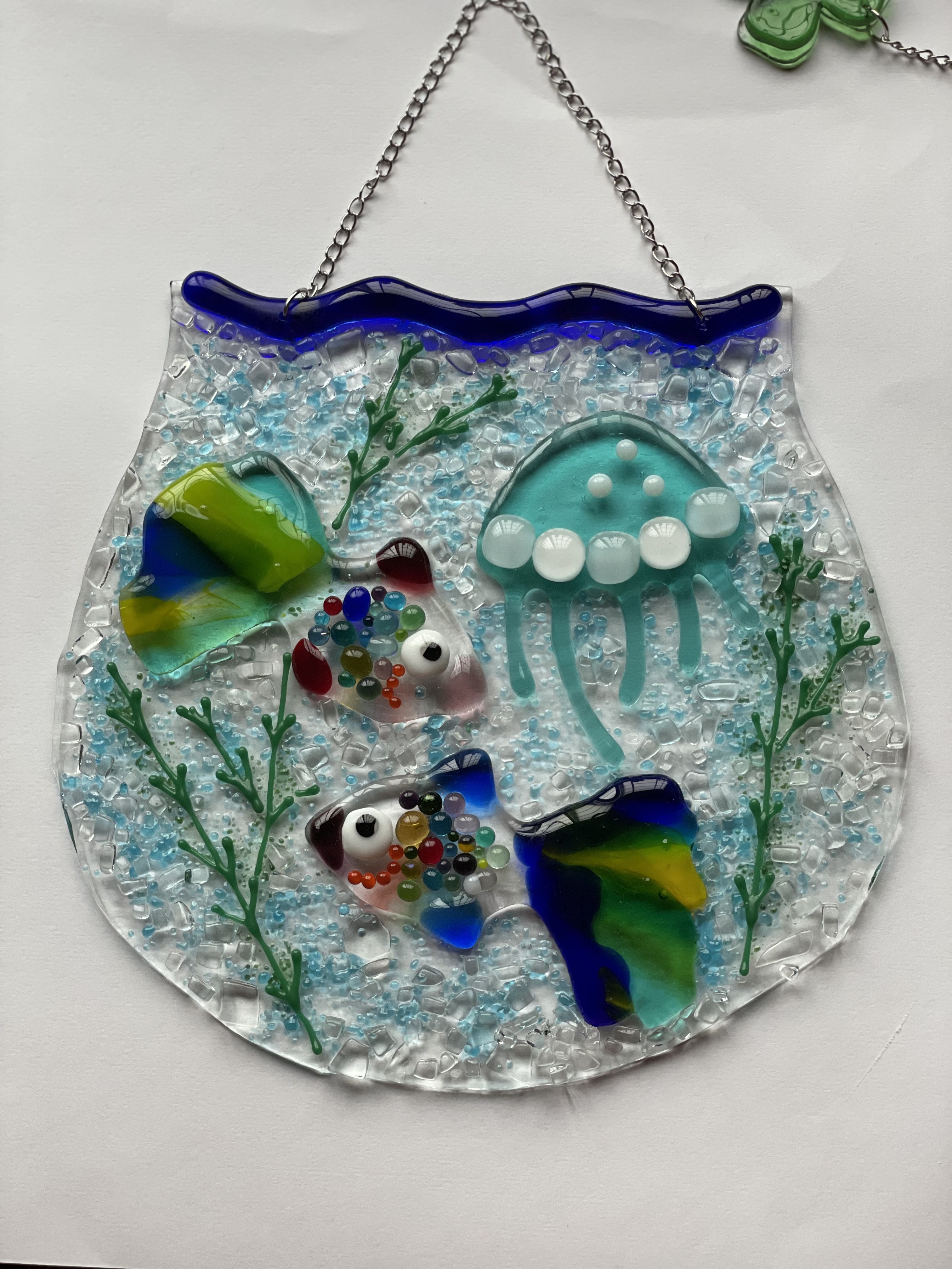 【受注制作】夏！涼しげ♪ガラスのクラゲと金魚鉢　壁掛け