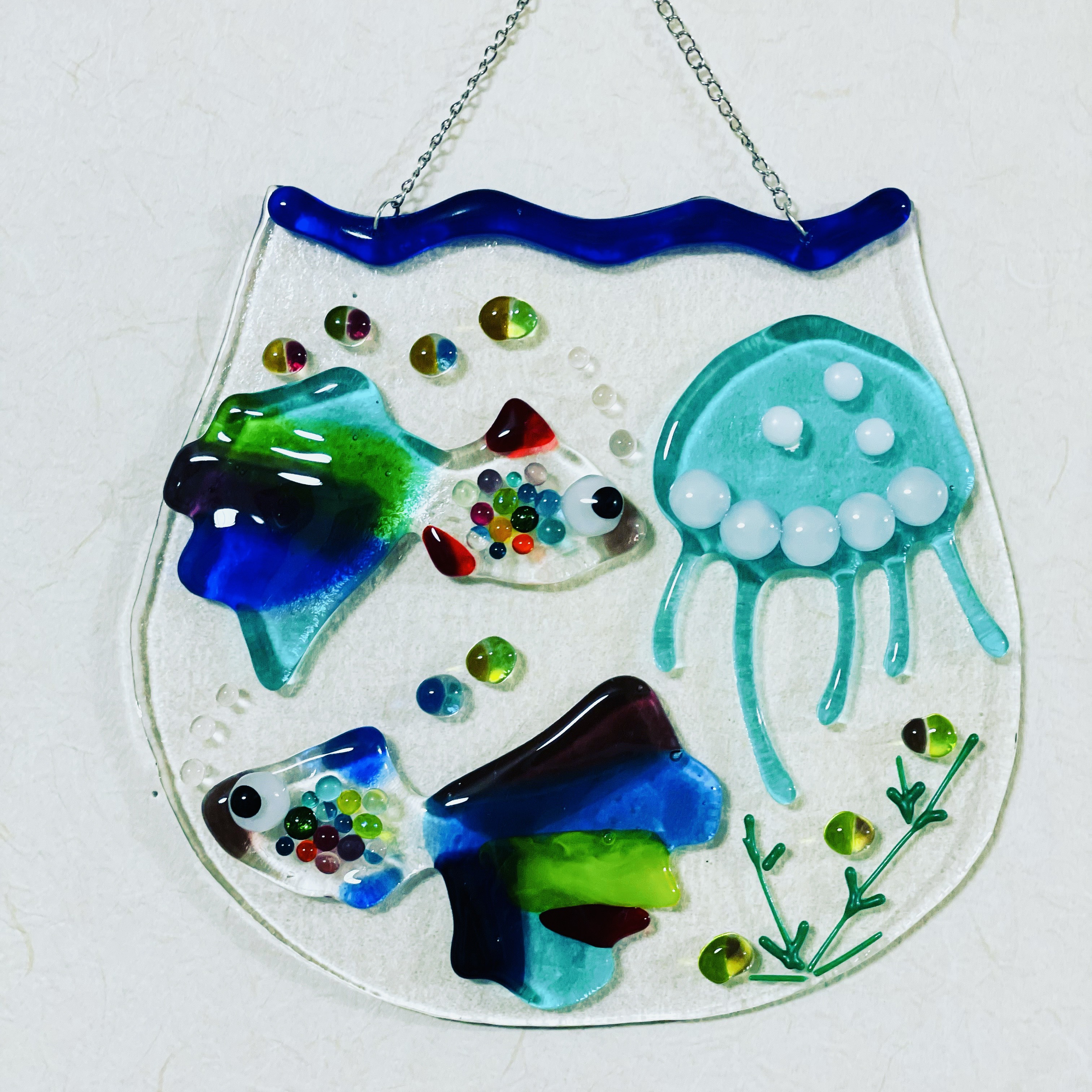 【即納品】ガラスの金魚鉢　クラゲと熱帯魚