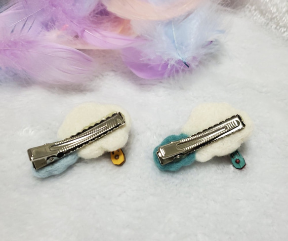 【ブルーグリーン熱気球/スワロフスキーダイヤモンド】クラウドウールフェルトヘアピン 子供用 4枚目の画像