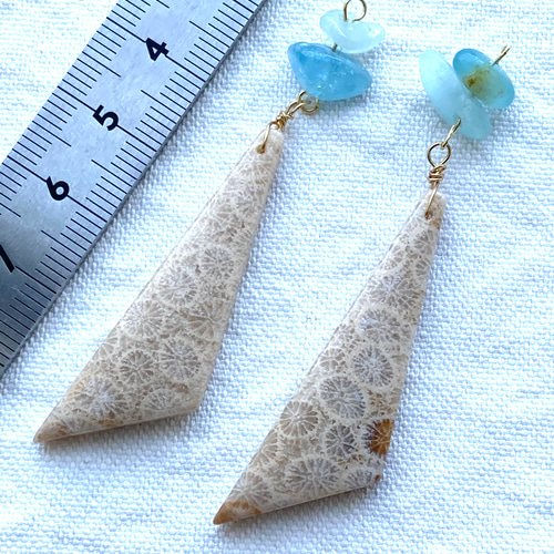 《のほほん様》フォッシルコーラルレクタングル&アイアゲート＊ピアスorイヤリング フォシルコーラル アゲート 天然石ピアス/イヤリング №139 何億年も