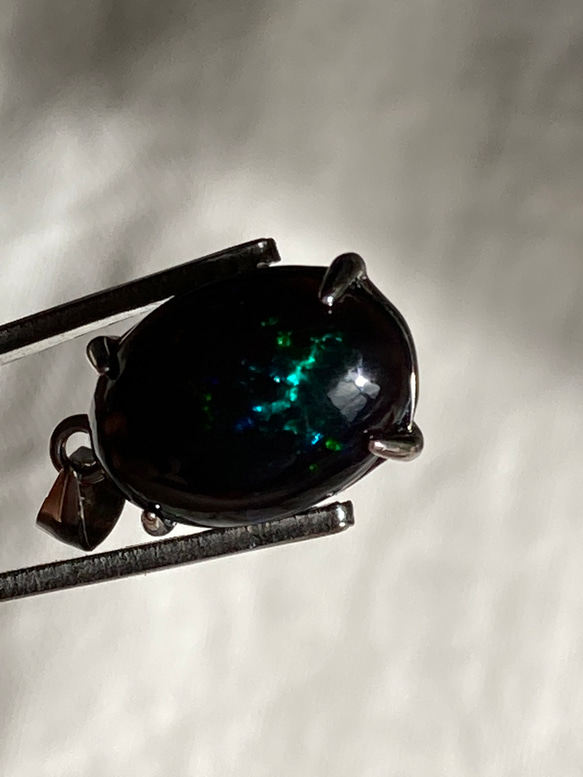 迫力の遊色　大粒14×10mm エチオピアンブラックオパール　ペンダントヘッド　ロジウムコーティングシルバー925 8枚目の画像
