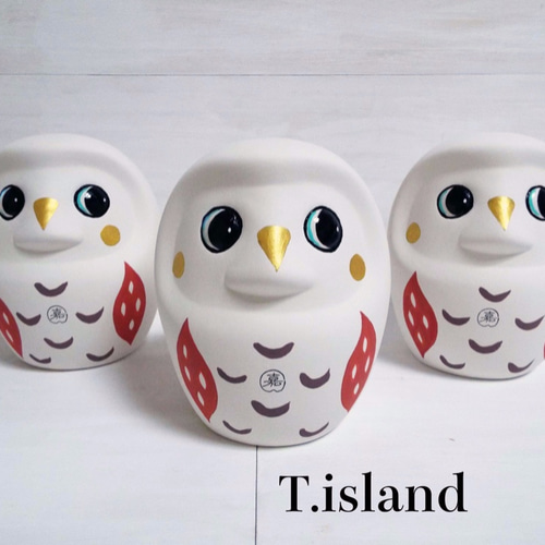 くりっと白フクロウだるま・素焼き貯金箱＊（5回目再販）2体