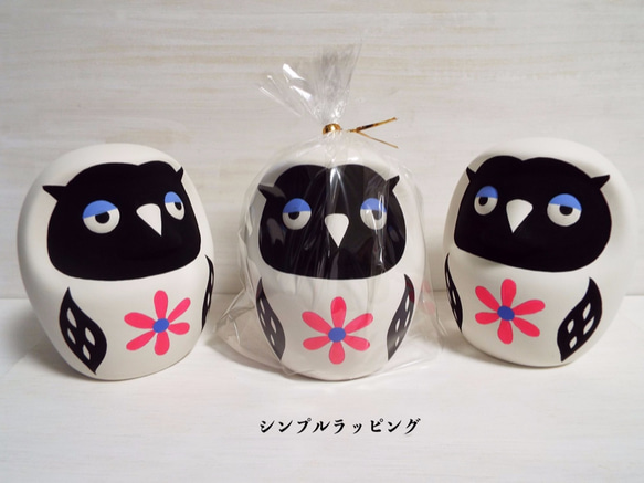 ＊トロピカルな輝きフクロウだるま・素焼き貯金箱＊『しあわせの六角形の花弁縁起物』〜「Creema限定」送料無料 5枚目の画像