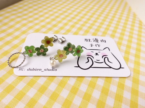 [DuBien_Handmade]秋風の花x手描きのイヤリング-グリーン 3枚目の画像