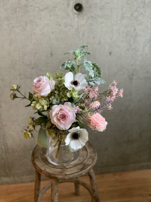 【母の日】＊再販＊アーティフィシャルフラワー　桜色のバラとアネモネのミニブーケ 4枚目の画像