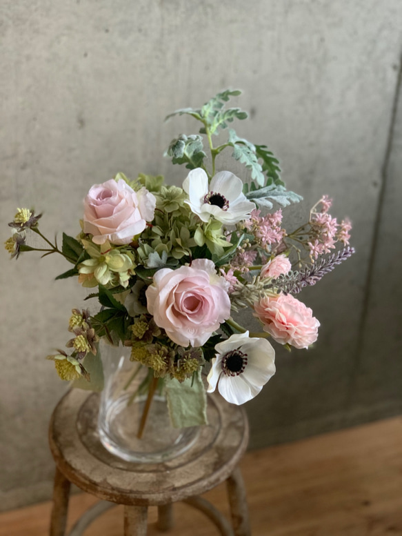【母の日】＊再販＊アーティフィシャルフラワー　桜色のバラとアネモネのミニブーケ 6枚目の画像