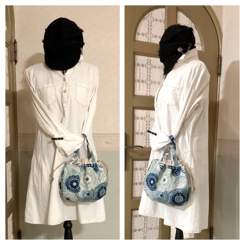 北欧フラワー柄*(薄ブルー)巾着トートバッグ(M)❥ハンドメイド 
