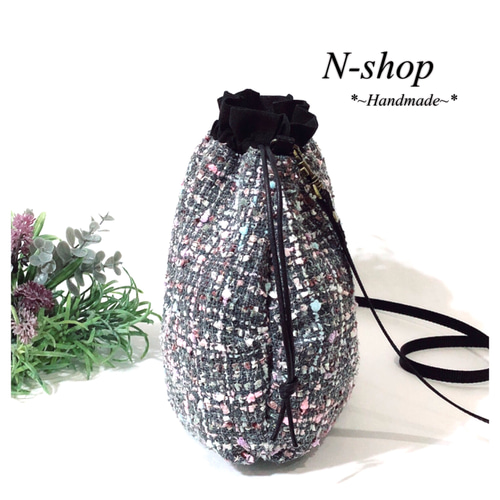 CHANEL ネイビーラメ混ツイード巾着ショルダー CHANEL ネイビーラメ混ツイード巾着ショルダー