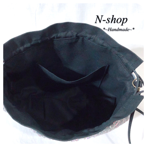 ラメ入り*ツイード(グレー)☆巾着ショルダーバッグ(M