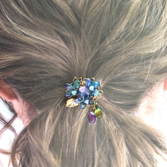 【一点物】紫陽花のにじみパープルポニーフック　ヘアアクセサリー　パープル　あじさい　アジサイ　青　ブルー　髪飾り　浴衣 5枚目の画像