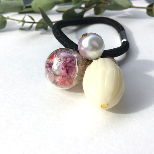 16 ハンドメイド・手芸 じゃらじゃら ヘアゴム ブラックフラワー/ピンク