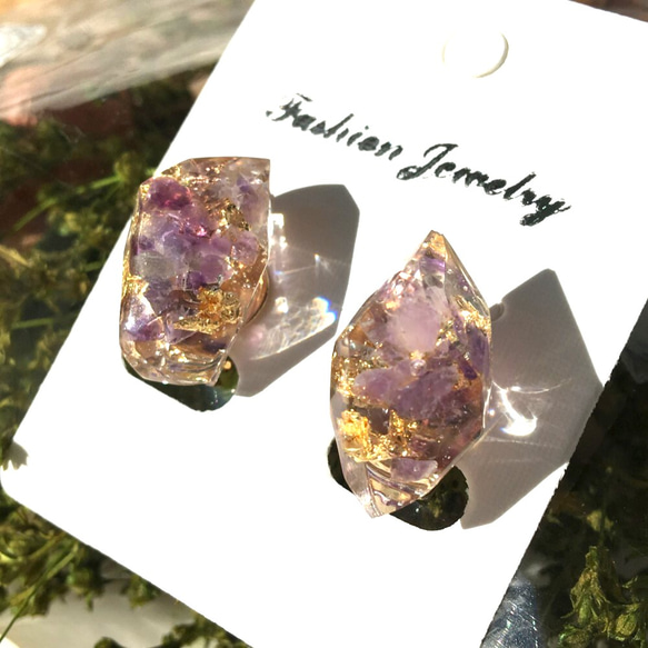 紫水晶和金箔礦石耳環耳環二月生日石紫色紫色天然石金屬過敏禮物聖誕節 第5張的照片