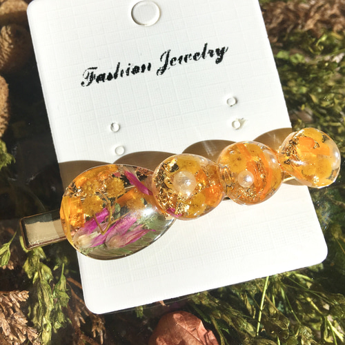 ミモザとキンセンカ花畑のボタニカルヘアクリップ ゴールド 金箔 