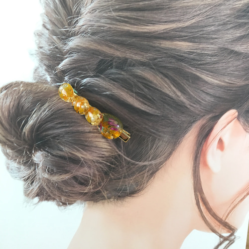 ミモザとキンセンカ花畑のボタニカルヘアクリップ ゴールド 金箔 