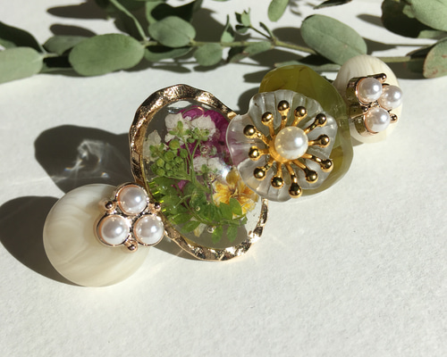 押し花と小花のフラワーガーデンバレッタ 髪飾り ヘアアクセサリー