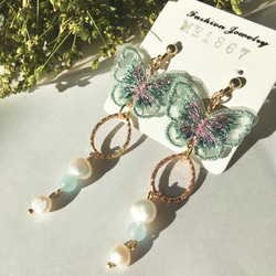 アクアマリンとバロックパール バタフライロングピアス イヤリング