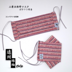 「遠州綿紬」立体布マスク(ポケット付き)-桜桃 2枚目の画像