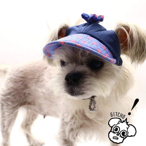 ドッグキャップ-フラワーxデニム（耳出し）犬用帽子 ペット服