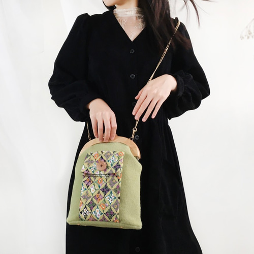レトロ がま口 レザー 織物 グリーン×花柄 ハンドバッグ レトロ がま口 レザー 織物 グリーン×花柄 ハンドバッグ
