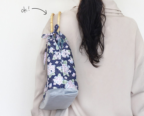 繡球花紫陽花竹柄手提包袋 上班通勤便當袋 午夜藍 現代日式拼布 媽媽老婆女友閨蜜生日禮物 第3張的照片