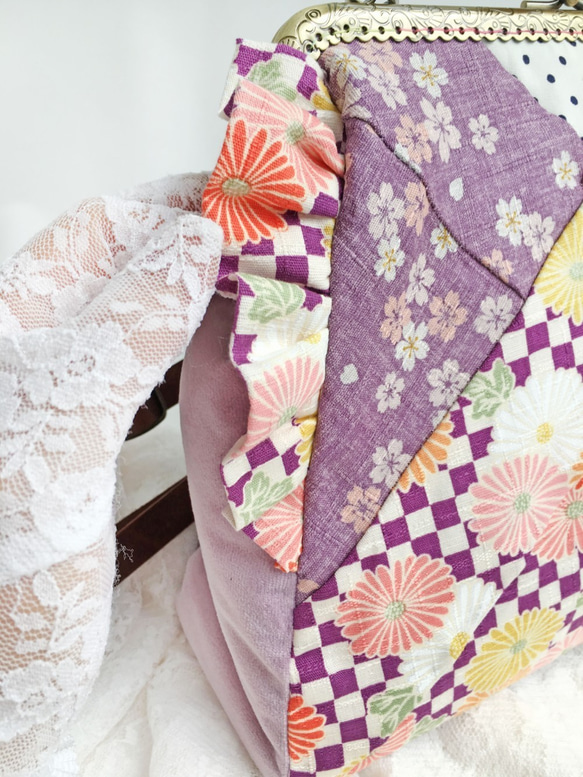 沐櫻 浴衣創意口金包 隨身 斜背 肩背 側背 收納化妝包 格紋 和風 和服 菊 復古 日系 甜美 生日 第2張的照片