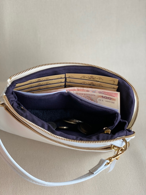 旅行に　3way スマホお財布ポシェット ホワイト牛革 スマホ・鍵・カード20枚！口紅が入る スマホ