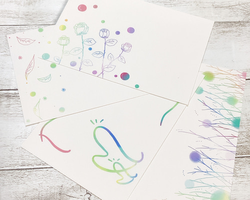 レインボーカラーのお花】4枚 ポストカード はがき 花がら 花柄