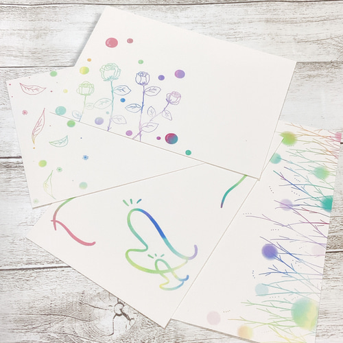 レインボーカラーのお花】4枚 ポストカード はがき 花がら 花柄 花