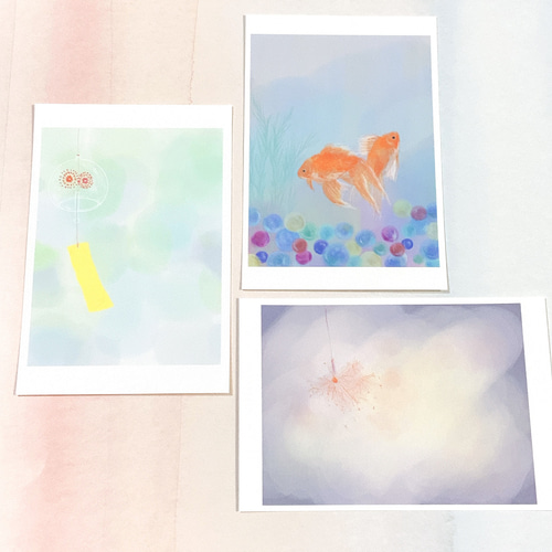 日本の夏】3枚 ポストカード キレイ 金魚 花火 空 季節 風鈴