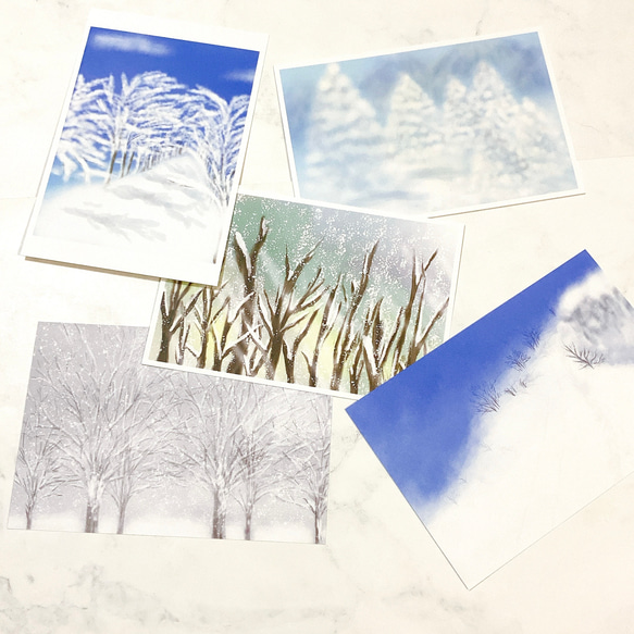【Winter】5枚セット　ポストカード　景色　自然　雪　冬　季節　絵はがき　イラスト　ハガキ　キレイ　森　山　空　 1枚目の画像